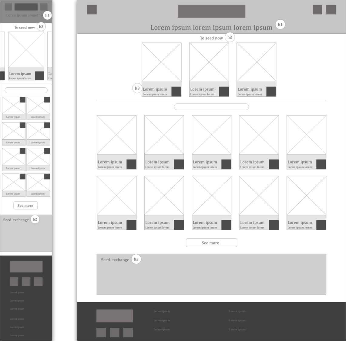 Lo-Fi Wireframes of the homescreen for mobile and web